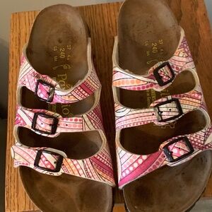 Papillio by Birkenstock Sandals, Pre-Owned, Triple Strap, Pink Pattern, size 37